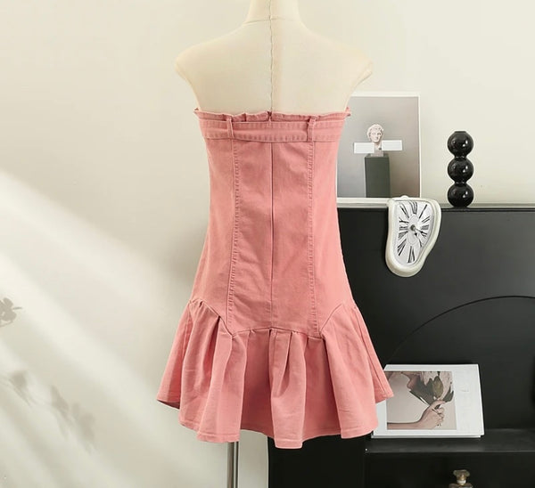 Women Sexy Strapless Ruffled Denim Dress