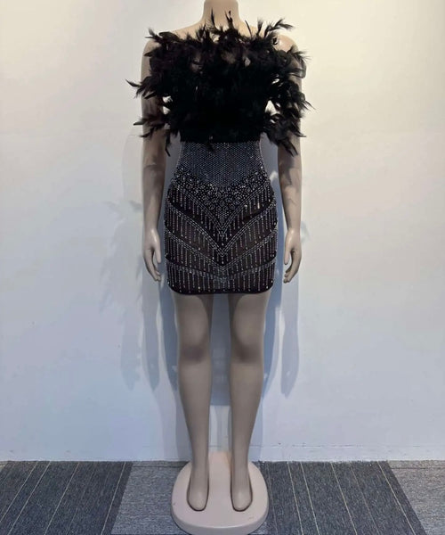 Women Sexy Feather Strapless Bling Mesh Patchwork Dress
