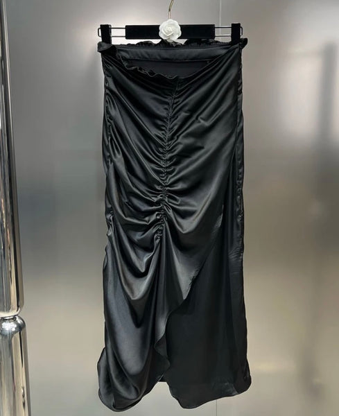 Women Sexy Sleeveless Satin Black Two Piece Maxi Skirt Set