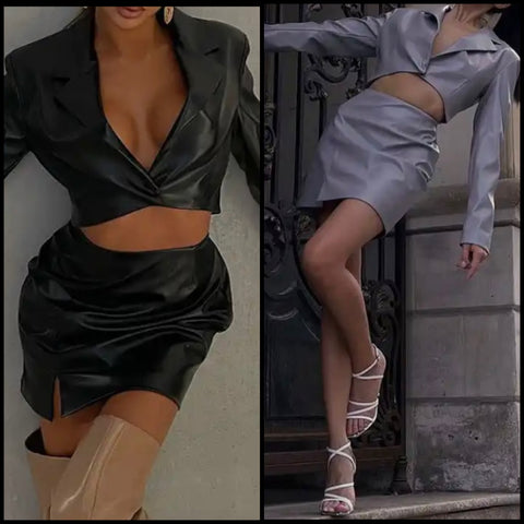 Women Sexy Faux Leather Cut Out Full Sleeve Dress