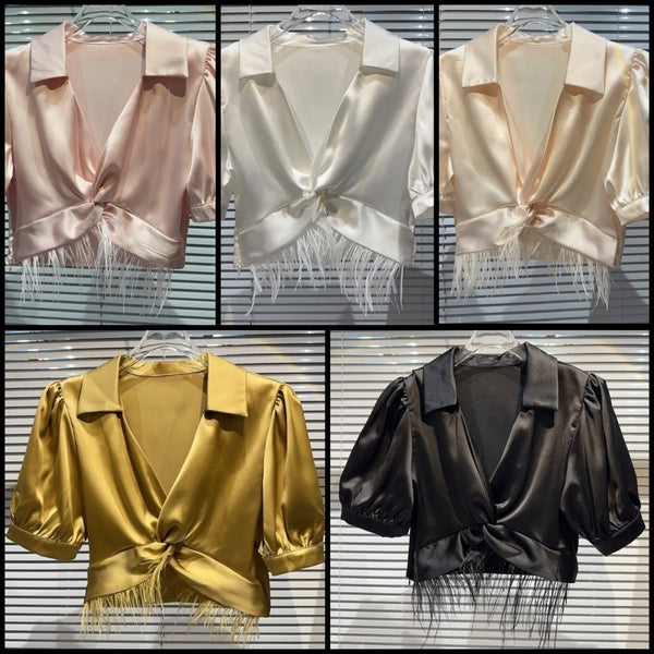 Women Short Sleeve Satin Feather Crop Top