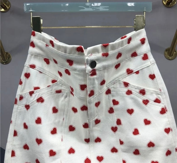 Women White Heart Print Fashion Denim Skirt
