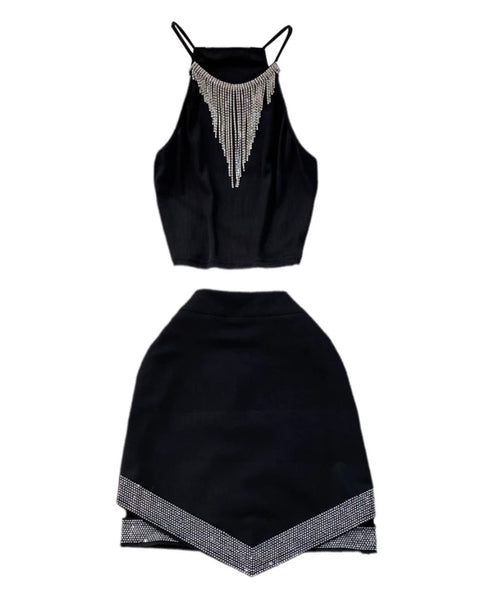 Women Sleeveless Bling Tassel Patchwork Sexy Two Piece Skirt Set