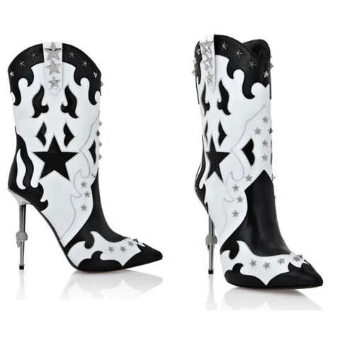 Women B&W Star Fashion High Heel Ankle Boots