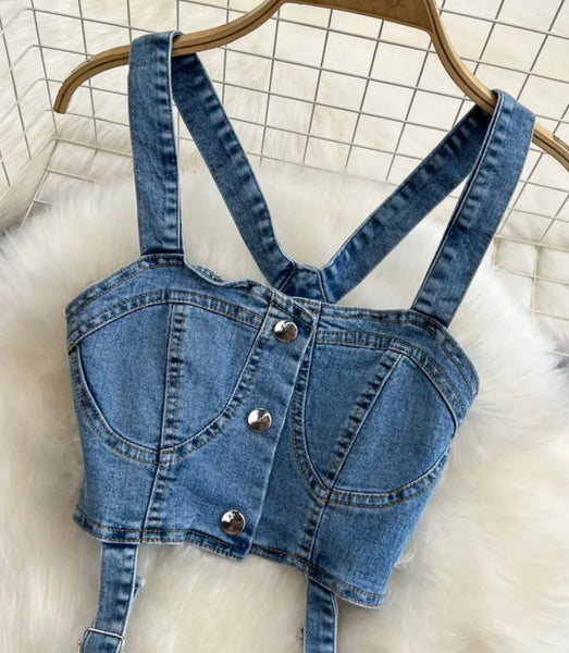 Women Fashion Cut Out Sleeveless Denim Romper