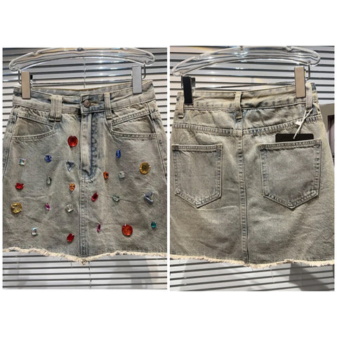 Women Fringe Fashion Gem Denim Skirt
