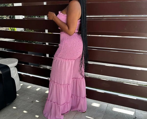 Women Strapless Ruffled Crop Two Piece Wide Leg Pant Set