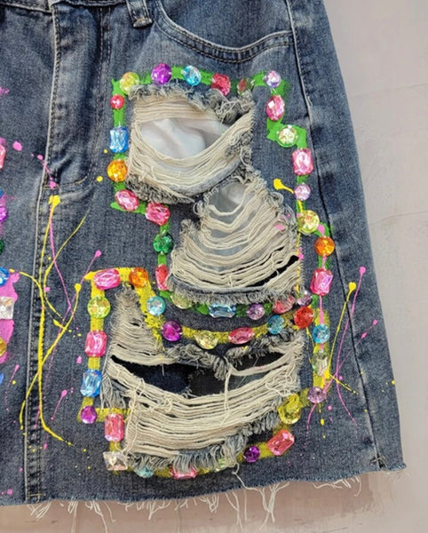 Women Fashion Ripped Gem Denim Skirt