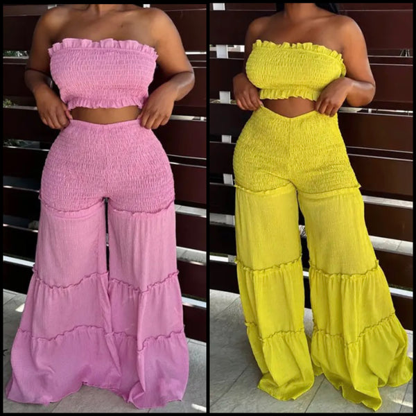 Women Strapless Ruffled Crop Two Piece Wide Leg Pant Set