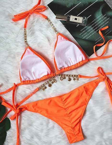 Women Sexy Criss Cross Tassel Bikini Swimsuit