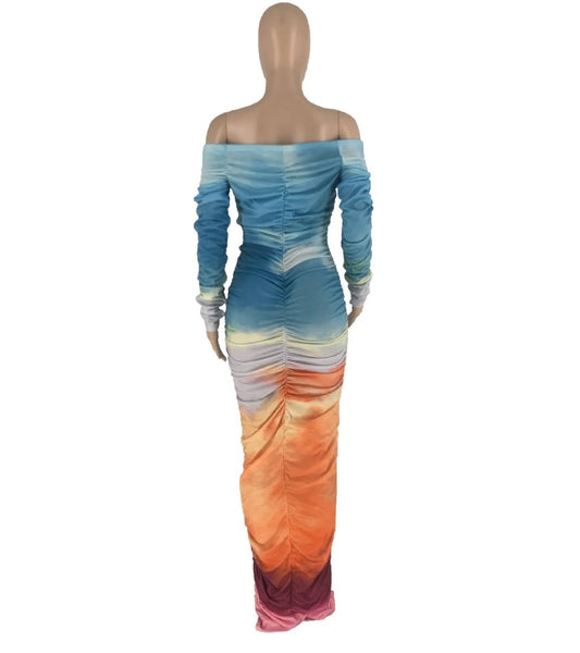 Women Sexy Off The Shoulder Multicolored Full Sleeve Ruched Maxi Dress