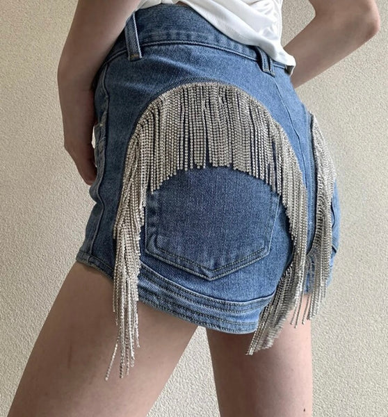 Women Rhinestone Tassel Fashion Denim Shorts