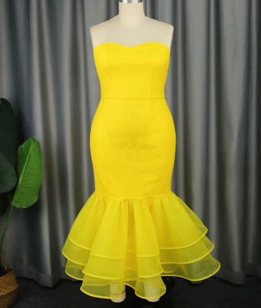Women Sexy Yellow Lace Ruffled Mesh Dress