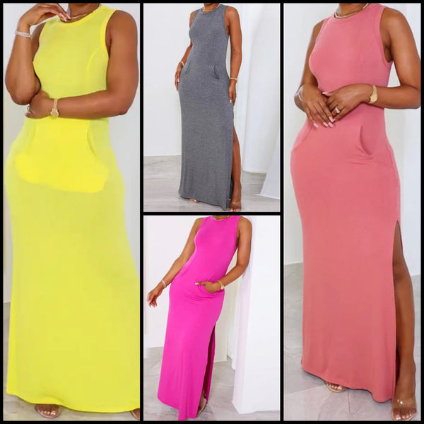 Women Sleeveless Front Pocket Solid Color Maxi Dress