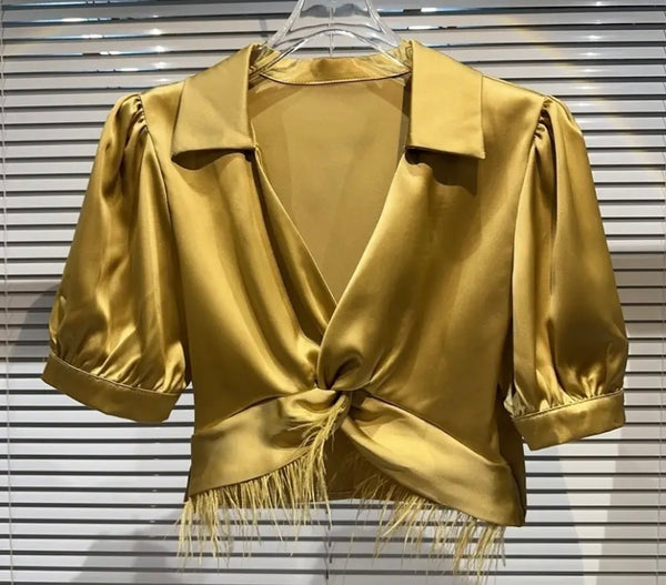 Women Short Sleeve Satin Feather Crop Top