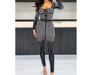 Women Bling Full Sleeve Two Piece Mesh Sexy Pant Set