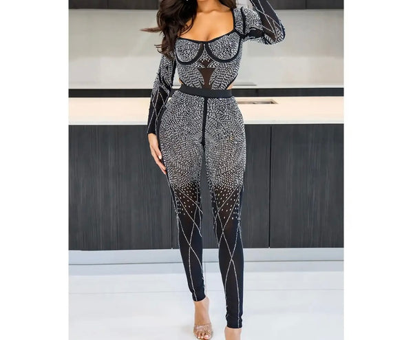 Women Bling Full Sleeve Two Piece Mesh Sexy Pant Set
