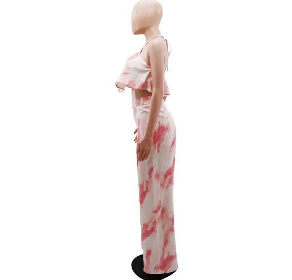 Women Ruffled Sleeveless Halter Two Piece Wide Leg Pant Set