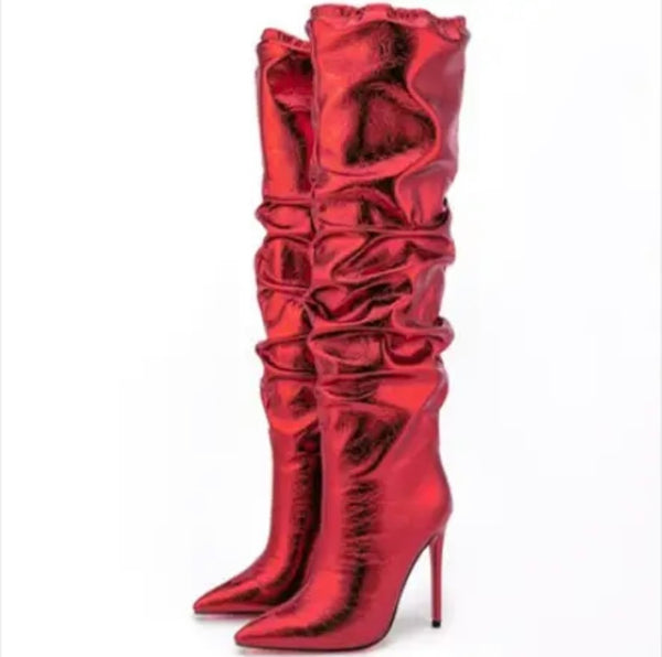 Women Ruched PU High Heel Knee High Boots