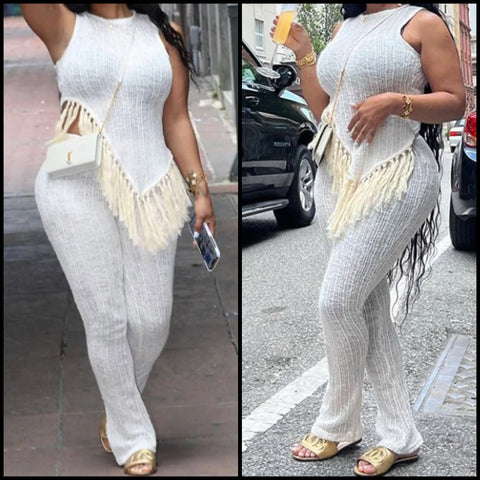 Women White Sleeveless Sexy Fringe Two Piece Pant Set