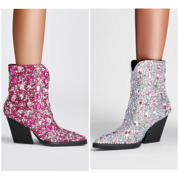 Women Pointed Toe Bling Gem Fashion Ankle Western Boots