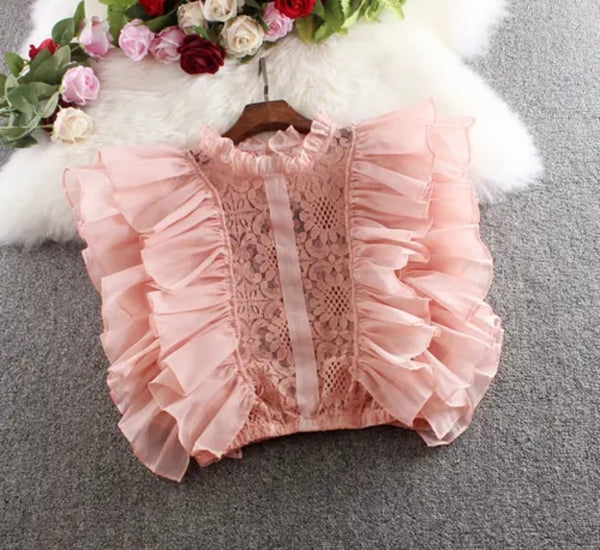 Women Sleeveless Lace Ruffled Mesh Crop Top