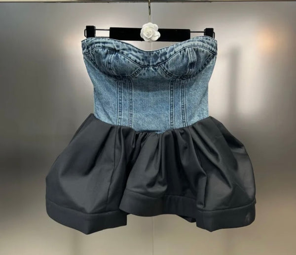 Women Strapless Fashion Ruffled Denim Crop Top