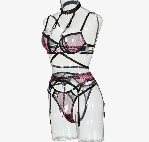 Women Sexy Pink Leopard Print Mesh Patchwork Lingerie Set