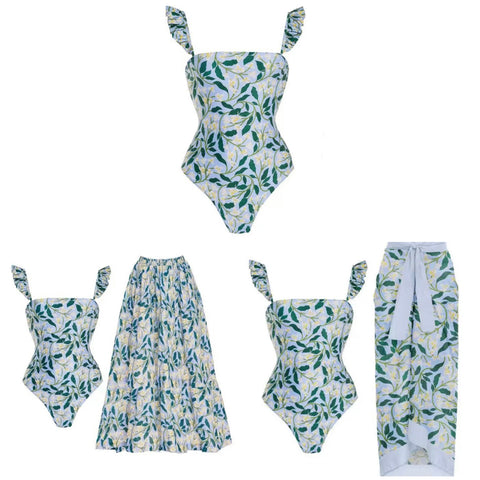 Women Blue Floral Sexy Swimsuit Cover Up Set