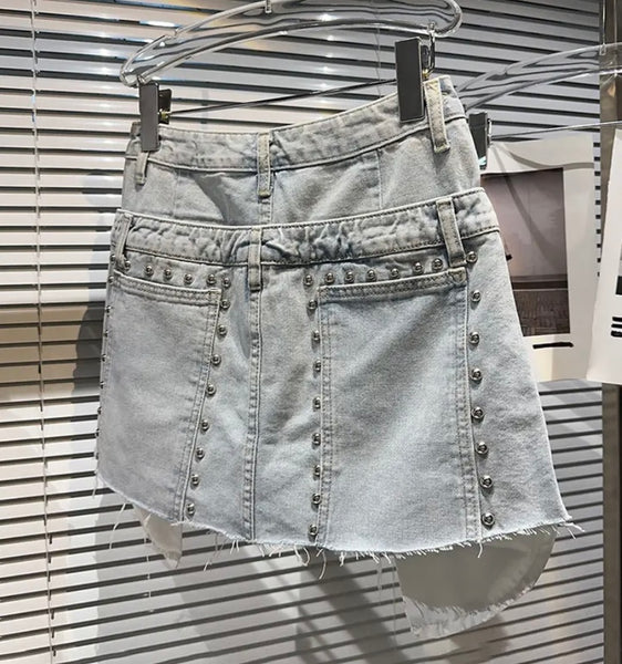 Women Rivet Button Up Fashion Denim Skirt