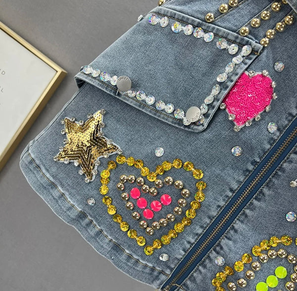 Women Front Zipper Fashion Heart Print Denim Skirt
