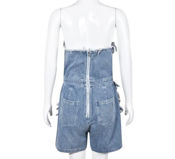 Women Sexy Strapless Ripped Denim Romper