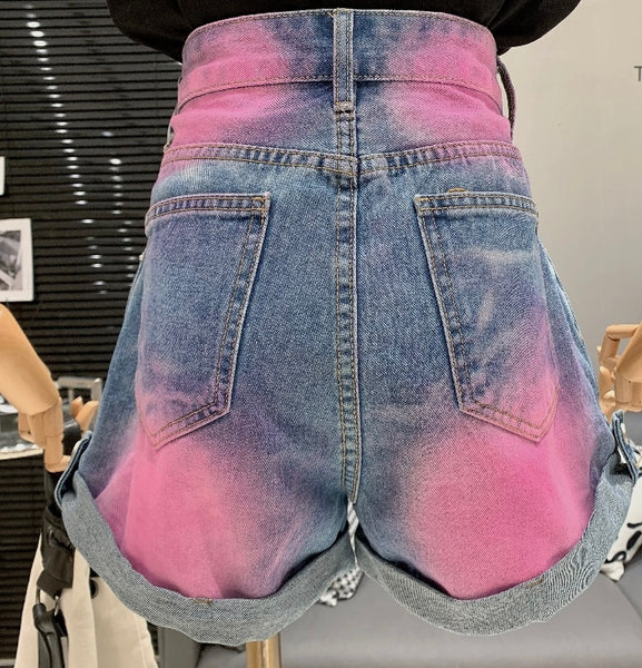 Women Fashion Pink Patchwork Denim Shorts