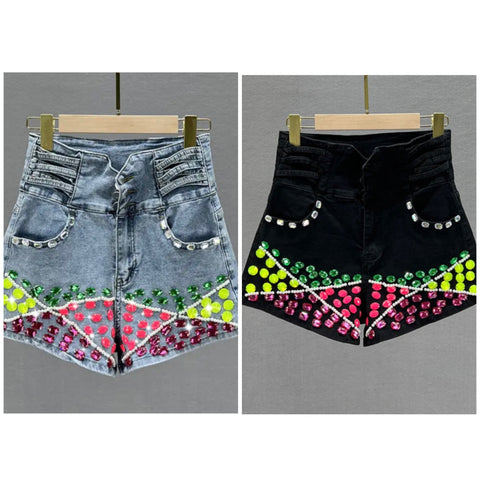 Women Fashion Neon Gem Patchwork Denim Shorts