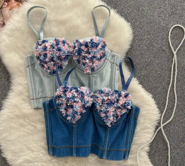 Women Sleeveless Floral Fashion Sexy Denim Crop Top