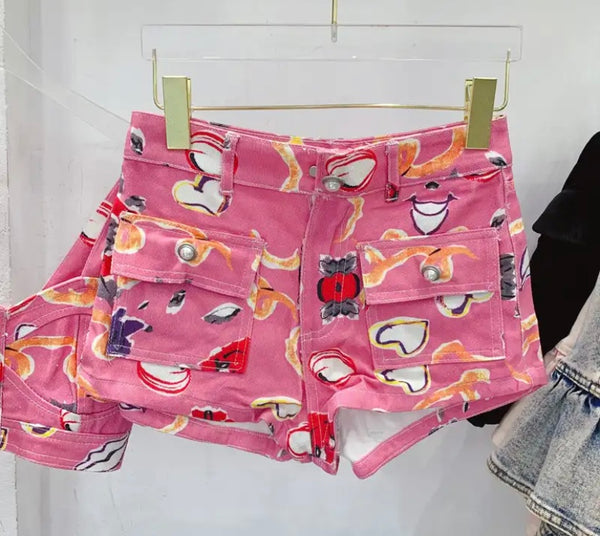 Women Pink Printed Sexy Fashion Sleeveless Crop Two Piece Short Set