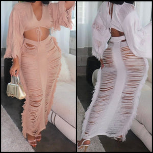 Women Sexy Full Sleeve Crop Two Piece Ripped Fringe Skirt Set