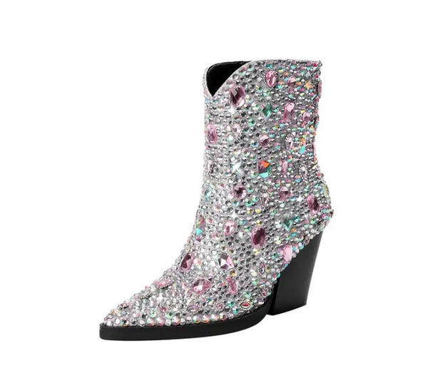 Women Pointed Toe Bling Gem Fashion Ankle Western Boots