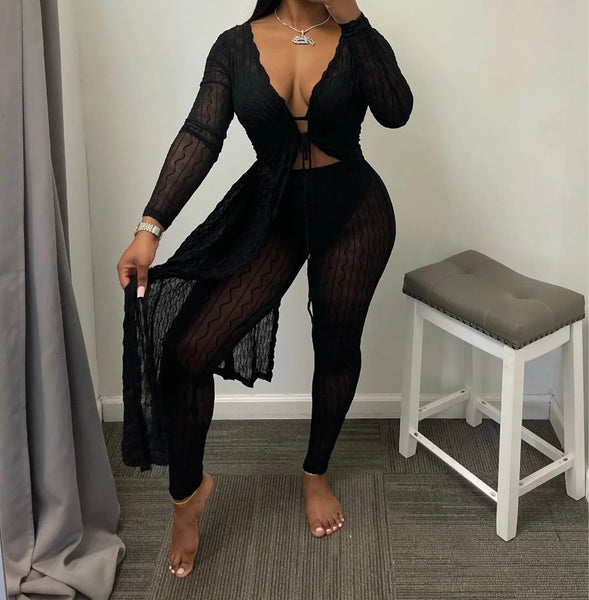 Women Sexy Full Sleeve Asymmetrical Mesh Two Piece Pant Set