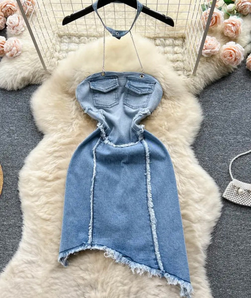 Women Sexy Chain Halter Denim Dress