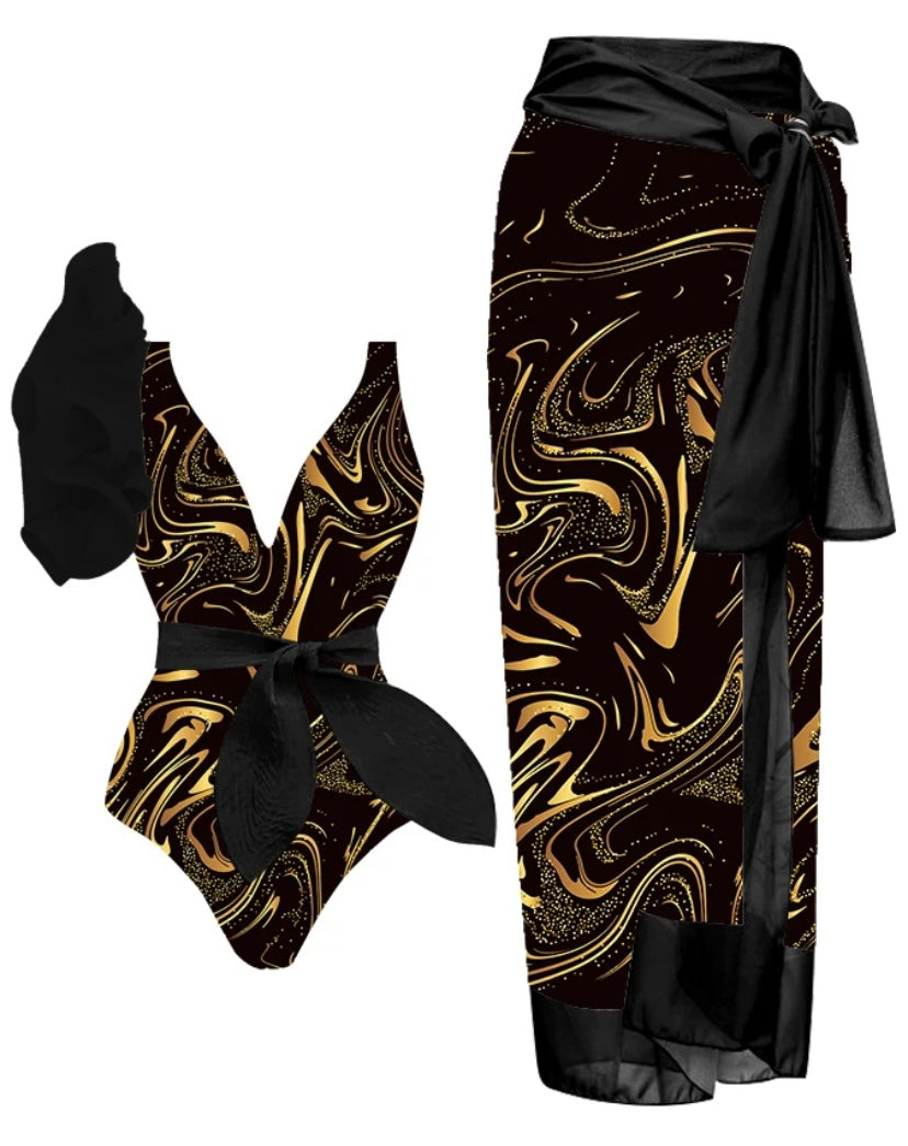 Women Sexy Ruffled Printed Swimsuit Cover Up Set