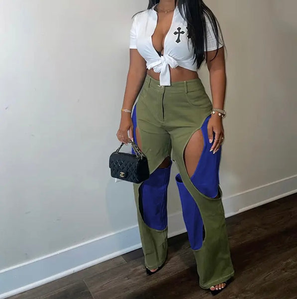 Women Hollow Out Fashion High Waisted Pants