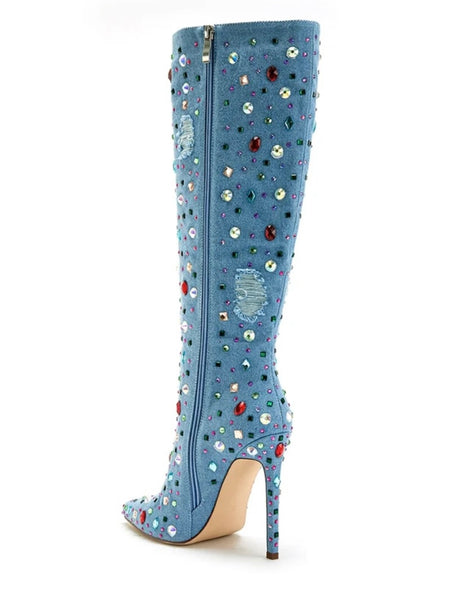 Women Pointed Toe Colorful Crystal Ripped Denim Boots