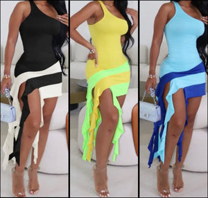 Women Sexy One Shoulder Sleeveless Color Patchwork Tassel Dress