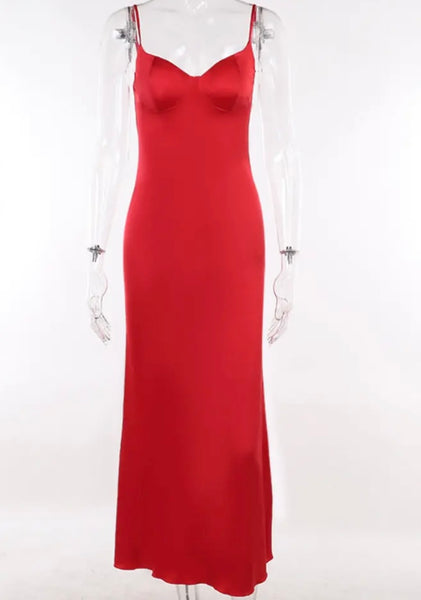 Women Sexy Sleeveless Satin Solid Color Maxi Dress