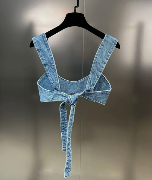 Women Sleeveless Tie Up Crop Fashion Two Piece Denim Pant Set
