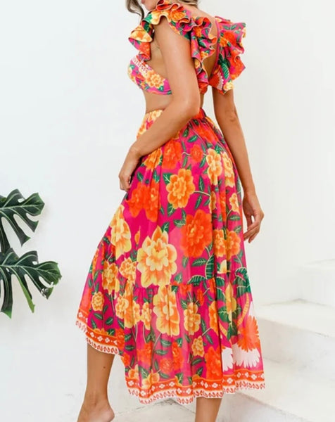 Women Ruffled Colorful Print Sexy Bikini/Swimsuit Cover Up Set