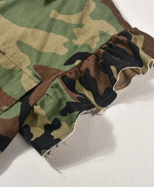 Women Ruffled Short Sleeve Button Up Camouflage Crop Top
