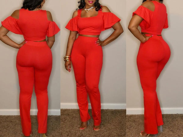 Women Solid Color Ruffled Short Sleeve Crop Two Piece Pant Set