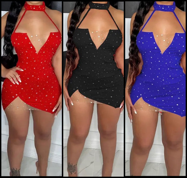 Women Sexy Sleeveless Bling Mesh Patchwork Choker Dress